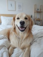 Happy golden retriever dog lying on white bed in modern bedroom interior with wooden furniture and framed artwork on wall.