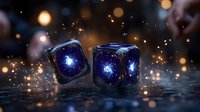 Glowing cosmic dice with galaxy patterns inside on dark reflective surface surrounded by magical bokeh lights and sparkles. For fantasy gaming designs.