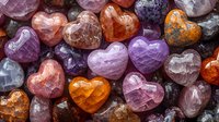 Colorful heart-shaped healing crystals and stones in purple, orange, and pink hues arranged in decorative pattern, showing natural mineral texture and polish.