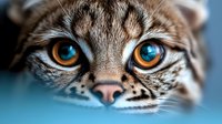 Close up macro shot of wild cat bright amber eyes with detailed view of fur texture and nose against blurred blue background. Wildlife photography concept.