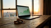 Young professional analyzing financial growth charts on laptop at wooden desk with stacked coins, overlooking city skyline at sunset for business investment and stock market analysis concepts.