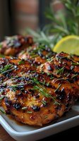 Grilled honey glazed chicken breasts garnished with fresh herbs and citrus, served on white platter. Perfect for food photography, menus, and restaurant advertising.