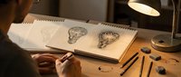 Artist drawing detailed anatomical brain sketches in sketchbook at wooden desk with warm lamp lighting and art supplies for medical illustration study.
