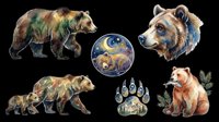 Watercolor bear illustrations set with brown bears, bear heads, paw prints, and celestial moon design isolated on transparent background, ready for t-shirt designs, clipart, stickers, sublimation, and print-on-demand projects.