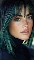 Young woman with green dyed hair, freckles and bright blue eyes wearing black turtleneck. Close-up portrait showing natural makeup and contemporary style.