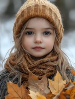 Young girl with striking blue eyes wearing knit beanie and scarf in autumn setting, holding yellow maple leaves against blurred background. Natural outdoor portrait.