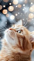 Ginger cat looking up at magical bokeh lights against winter background, close-up portrait showing whiskers and blue eyes. Festive holiday mood.