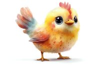Adorable yellow chick character with fluffy feathers and big expressive eyes on white background, suitable for children's book illustration and greeting cards.