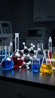 Laboratory glassware with colorful chemical solutions and molecular structure model on lab bench for scientific research and education.