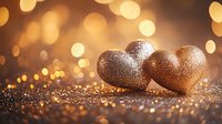 Glittering golden hearts on sparkly surface with romantic bokeh lights in background, creating magical Valentine's Day or anniversary atmosphere.