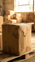 Damaged cardboard shipping box with torn packaging tape in warehouse storage facility with stacked packages and wooden pallets in background.