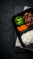 Healthy meal prep container with glazed chicken, steamed broccoli, carrots and rice on dark slate background for takeaway delivery and diet planning.