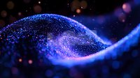 Glowing blue wave of sparkling particles flowing in dark space with bokeh effect creates magical atmosphere for abstract backgrounds and presentations.