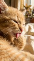 Ginger tabby cat with tongue out licking paw indoors near window with blurred plant background, grooming behavior.