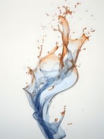 Dynamic liquid splash with blue and copper colored fluids creating an abstract swirling shape against white background, frozen motion capturing elegant flow movement.
