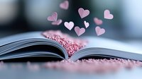 Pink heart shapes floating above open book pages with soft glitter sparkles, creating romantic dreamy atmosphere for valentines day cards and love stories.