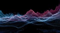 Abstract digital wave visualization with blue and pink glowing particles forming fluid-like mountains against black background, suitable for tech presentations.