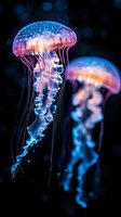 Luminous jellyfish floating in dark ocean water with glowing tentacles and colorful bioluminescent patterns creating magical underwater scene for marine biology content.