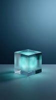 Luminous glass cube with glowing turquoise light inside, isolated on dark blue gradient background. Modern product display, technology concept, or futuristic design element for presentations and digital projects.
