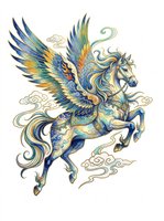 Ornate flying pegasus with blue and gold wings, decorated with swirling patterns and clouds, isolated on transparent background, ready for stickers, sublimation, and t-shirt design.