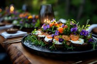 Gourmet appetizers garnished with edible purple flowers and microgreens served on dark plates at outdoor garden party. Elegant catering presentation.