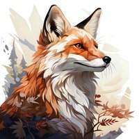 Red fox portrait with autumn forest elements in modern artistic style on light background, detailed fur texture and expressive eyes create striking wildlife artwork.