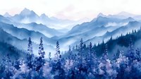 Misty mountain landscape in blue tones with silhouettes of pine trees in foreground, layered peaks fading into foggy distance creating atmospheric perspective.