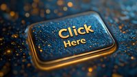 Golden click here button on dark textured background with glowing particles and bokeh effect, modern web design element for landing pages.