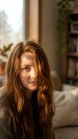 Young Caucasian woman with long auburn hair in warm sunlight at home, thoughtful expression, cozy living room background with bookshelf.