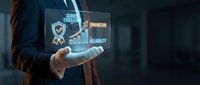 Businessman holding digital hologram displaying security icons, data protection symbols, and growth charts representing cybersecurity solutions and business risk management strategy.