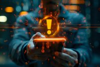 Glowing exclamation mark warning symbol hovering over smartphone screen with digital particles effect, perfect for cybersecurity and technology risk visualization concepts.