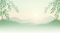 Serene mountain landscape with hanging willow branches framing misty hills in soft green tones, creating peaceful minimalist oriental atmosphere.