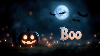 Glowing carved pumpkin with boo text and flying bats against full moon in dark mystical night, orange lights and fog creating spooky halloween atmosphere.
