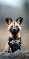 Close-up portrait of African wild dog with distinctive large ears and mottled coat against blurred natural background, perfect for wildlife conservation campaigns.