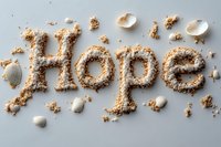 Word hope written with sand and seashells on white background, symbolizing optimism, dreams and coastal lifestyle inspiration.
