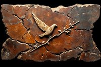 Rustic metal wall art featuring dove with olive branch on weathered copper background with cracked texture and patina finish, creating dimensional relief effect.