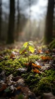 Young seedling with bright green leaves emerging from forest floor moss and fallen leaves, surrounded by tall trees and natural woodland environment.