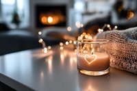 Cozy winter evening atmosphere with glowing candle in glass holder decorated with heart shape, warm knit texture and bokeh lights in background.