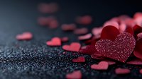 Red glittery heart with scattered paper hearts on dark textured surface for Valentine's Day romance love celebration greeting cards.