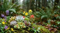 Miniature succulent garden with colorful wildflowers blooming on moss-covered forest floor surrounded by lush green ferns and natural woodland vegetation.