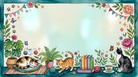 Cozy reading nook with sleeping cats, potted plants, books, and floral border frame on soft pastel background. Perfect for stationery, invitations, and creative projects.