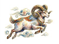 Ornate ram with curved horns leaping through decorative clouds, featuring intricate gold and blue patterns. Isolated on transparent background, ready for t-shirts, stickers, clipart, sublimation, and print-on-demand designs.