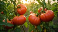 Fresh ripe red tomatoes growing on vine in organic garden with warm sunlight filtering through green foliage for healthy eating and farm produce.