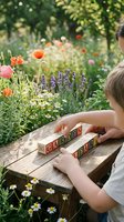 Young child playing with wooden alphabet blocks spelling GARDEN on rustic table surrounded by colorful wildflower meadow with poppies, daisies and lavender in summer.