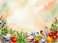 Watercolor cooking frame with fresh vegetables, herbs, olive oil, and kitchen utensils on cream background. Culinary design for recipe blogs, cookbooks, food packaging.