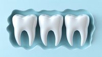 Three white teeth arranged in row on light blue wavy background, dental care concept for orthodontic clinics and oral hygiene promotion.