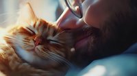 Ginger cat receiving gentle head scratches from owner's hand in warm sunlight, showing contentment and relaxation with closed eyes and peaceful expression.