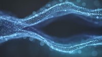 Abstract blue glowing particle waves flowing in dark space with sparkling light effects for digital technology backgrounds and futuristic design projects.