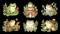 Cute frog clipart set with six charming illustrated frogs among mushrooms and flowers, isolated on transparent background, for stickers, t-shirt design, and print on demand.