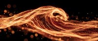 Golden liquid wave with glowing particles flowing against dark background, suitable for abstract backgrounds, motion graphics, and digital design projects.